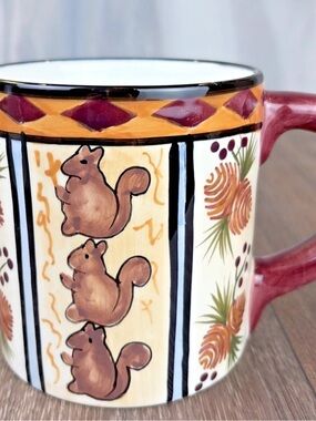 Hand Painted Caribou Coffee Large Mug Squirrel Pine Cones Rustic Cup